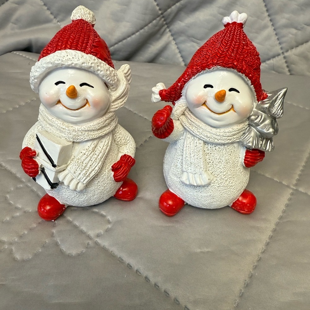**SOLD.**Adorable Festive Snowman Figurines with Red Accents
